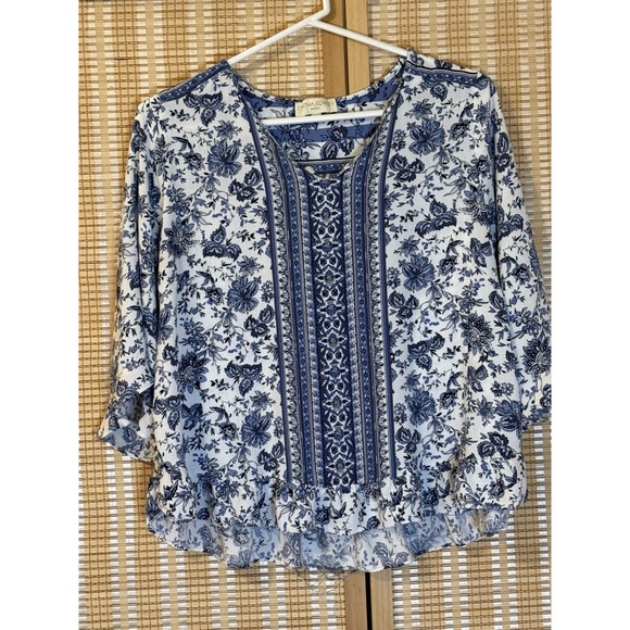 Cynthia Rowley Tops - Cynthia Rowley Womens 1X Top Floral 3/4 Sleeve Blue White Fairycore Cottagecore